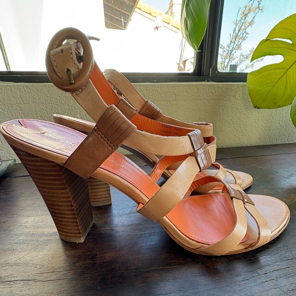 Via Spiga Leather Strappy Heels, Taupe/Tan with Pop of Orange Footbed, Sz. 9.5
